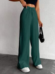 EURMUSE Petite Women's Solid Color Long Waist Drawstring Pants - Green - View 5