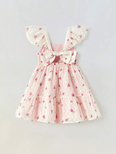 SHEIN Maija Kids Young Girl Ditsy Floral Bow Decor Cap Sleeve Dress Girl Floral Dress Pink Baby Dress Girls Frock With Bow Baby Girl Dresses Girl Pink Floral Dress Girls Bow Dress Dress With Bows