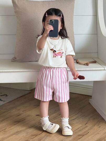 SHEIN Baby Girl Spring/Summer Casual Modest Cute Daily Vacation Sausage Dog Print Round Neck T-Shirt Beige Pink Striped Striped Shorts Outfit Set Off-White