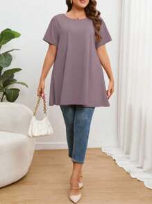 SHEIN Privé Talla grande Sencillo y elegante unicolor Vestido tipo línea A de media longitud Talla grande Camiseta de manga corta, verano - Morado - Ver 5