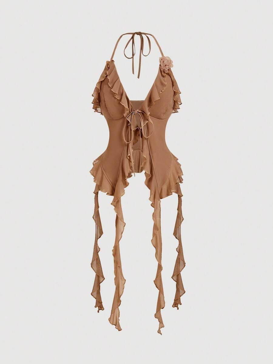 SHEIN MOD Áo thun nữ cổ yếm phối ren hoa 3D và viền bèo nhún màu kaki lãng mạn mùa hè Áo thun nữ mùa hè Áo thun nữ gợi cảm cổ yếm - Màu Khaki - Xem 1