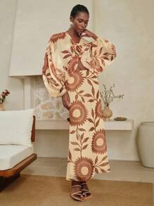 Aveloria Women Floral Print Chiffon Loose Two Pieces Set, Bat Wing Sleeves, Casual & Suitable For Holiday, 2pcs Women Chiffon Top & Vintage Floral Print Skirt Set, Bohemian Holiday Outfit Fall Women Clothes Fall Outfits Women Fall Autumn Clothes - Apricot - View 8