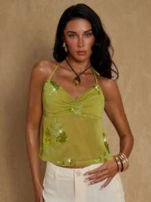 Glamine Glamine Damen glänzende Pailletten grüne sexy kurze Bluse, französischer V-Ausschnitt mit Brustfalten, pailletenverzierte Blumen, modische sexy Träger, schöner Rücken, Damen Top, geeignet für Sommerurlaub