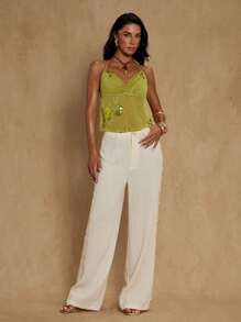 Glamine Glamine Damen glänzende Pailletten grüne sexy kurze Bluse, französischer V-Ausschnitt mit Brustfalten, pailletenverzierte Blumen, modische sexy Träger, schöner Rücken, Damen Top, geeignet für Sommerurlaub