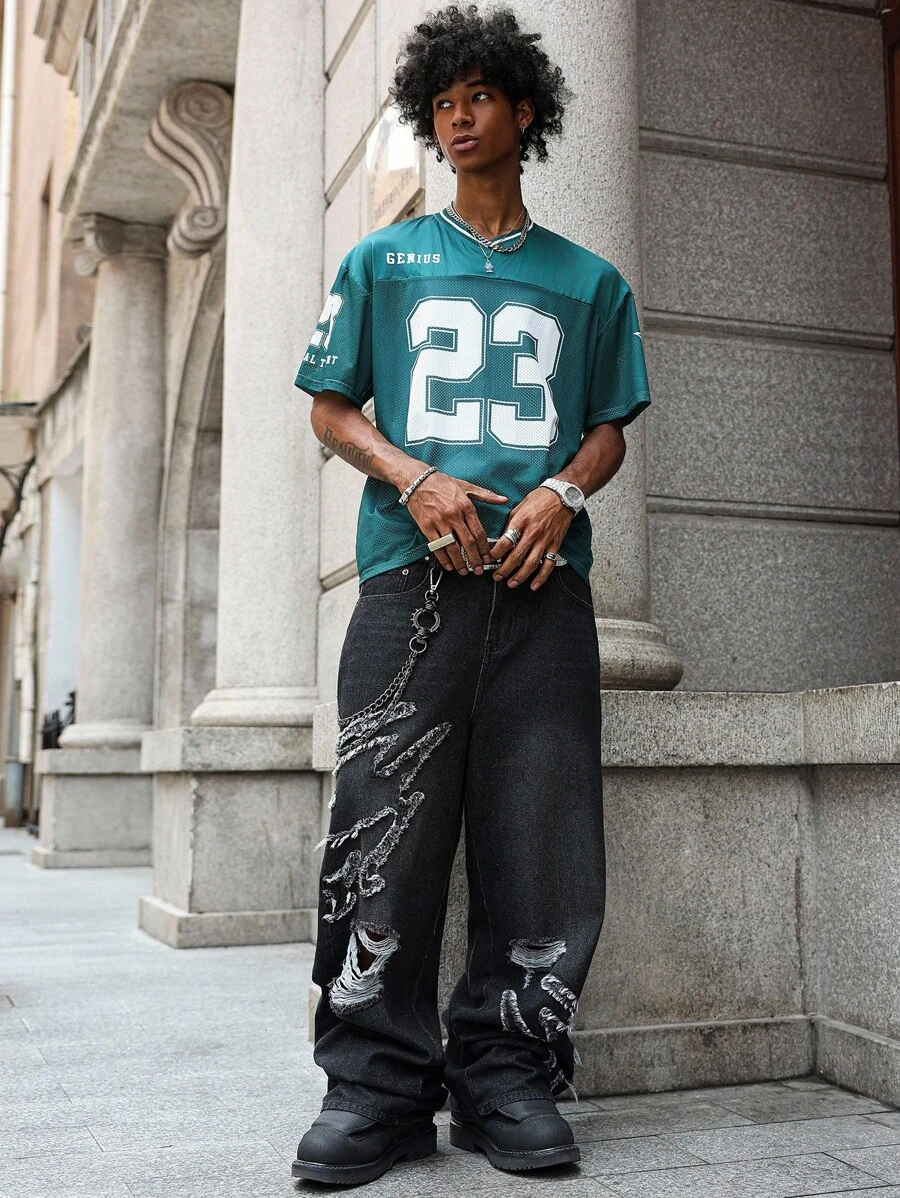 PAVTROS 美式街头时尚刺绣磨边黑色宽松阔腿牛仔裤，Emo风格