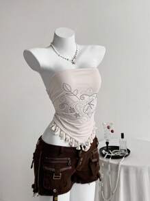 Elamini 女士休闲时尚流苏装饰修身抹胸 - 杏色 - 查看 5