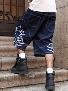 Manfinity Streetrush Summer Street Niche Embroidery Men's Denim Shorts Graphic Baggy Jeans Jnco Jeans Men Hang Out Street Tropical