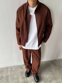 Manfinity Homme Áo khoác nam tay dài phong cách Hàn Quốc, kiểu dáng trưởng thành, chất liệu len trơn màu sáng, cổ cao nhỏ, khóa kéo bụng, thiết kế đường nối nhiều cấu trúc, phù hợp mặc hàng ngày, làm quà tặng cho bạn trai bạn bè - màu nâu - Xem 7