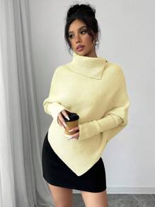 SHEIN Elenzya 女式不对称蝙蝠袖高领纯色经典针织毛衣，适合秋冬季，时尚百搭，适合假期和度假，黄色毛衣淡黄色上衣黄色围脖领毛衣黄油黄色毛衣女式毛衣针织套头衫秋季 - Butter Yellow - 查看 6