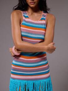 MUSERA 流苏下摆条纹圆领无袖迷你连衣裙，夏季伊比沙岛度假可爱节日海滩装，波西米亚风，适合约会、外出、生日等场合。 - 藍色 - 查看 3
