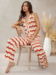 L'Amorae Pantalones de vacaciones de pierna ancha con ondas de ganchillo, con flecos y detalles de cuentas - Multicolor - Ver 3