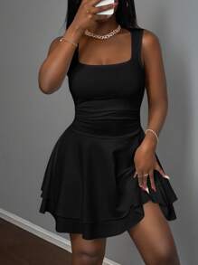 Slaydiva 2026 Spring & Fall New Arrival Vacation Casual Romantic Basic Street Everyday Sexy Elegant Office Party Clubwear Pure White Sleeveless V-Neck Layered Short Dress For Plus Size Women,Back To School,Wedding Guest Dress Women - Black - View 6