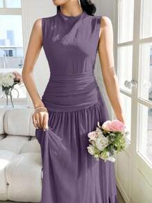 Modelyn Women's Design Sense High Neck Sleeveless Ruched Dress - Purple - View 4