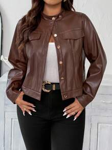 Vionelle 加大码女式法式浪漫西西里优雅休闲通勤度假下午茶派对纯色立领前开金属按扣装饰口袋翻盖侧袋长袖短款夹克 - 棕色 - 查看 3