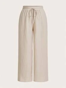 SHEIN Essnce Plus Women's Summer Vacation Business Casual Woman Office New Style Fashion Casual Commuting Vacation Light Breathable Comfortable 3 Pieces Loose Wide-Leg Pants, Seaside Pants - Khaki - View 11