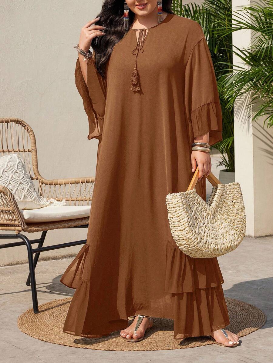 Mulvari Rochie de seară cu volane, culoare solidă, mărime plus