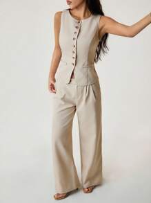 SHEIN PETITE 无袖开襟背心优雅西装和裤子套装 - 米色 - 查看 3