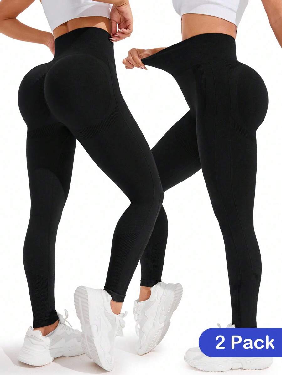 SHEIN Sports 女士无缝高腰塑身高弹力紧身裤 - 黑色 - 查看 1
