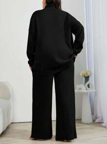 EURMUSE 2pcs High Neck Drop Shoulder Sweater And Ribbed Solid Color Sweater Pants - Black - View 2
