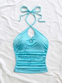 Soleia Women's Romantic Vacation Turquoise Knit Halter Hollow Floral Rhinestones Embellished Mini Dress, Suitable For Holiday Dates, Afternoon Tea, Beach, Cruise, Urban Getaway, Wedding Season, Music Festivals, Boho Vacation Halter Top Beach Top Rhinestone Top - Mint Blue - View 7