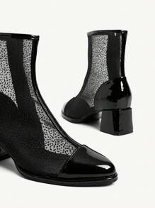 CUCCOO CHICEST 女士时尚黑色网眼粗跟中筒靴 - 黑色 - 查看 9