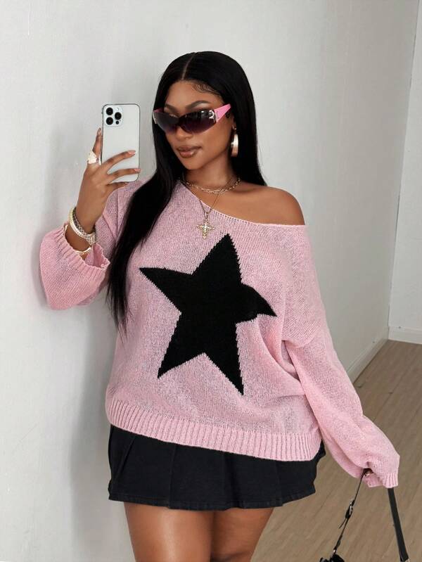 Maweii Plus Size Women Color Block Stars Casual Punk Style Round Neck Knit Sweater