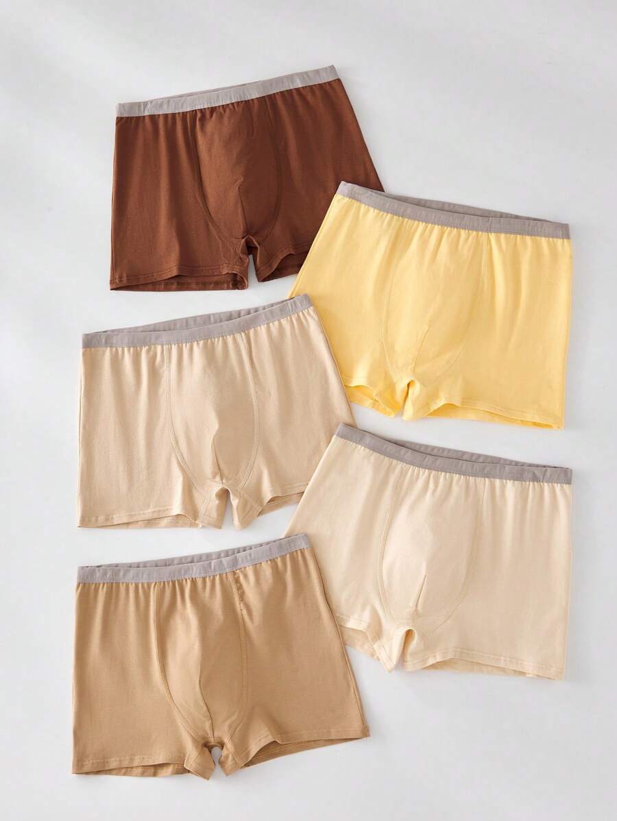 5pcs/Pack Teen Boys Solid Color Coffee Toned Cotton Soft Vintage Casual Simple Stylish Boxer Briefs,Back To School