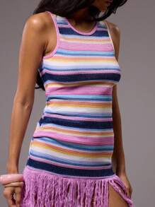 MUSERA 流苏下摆条纹圆领无袖迷你连衣裙 夏季伊比沙岛度假可爱节日海滩装 波西米亚风 度假约会之夜 外出生日晚宴 - 粉色 - 查看 3