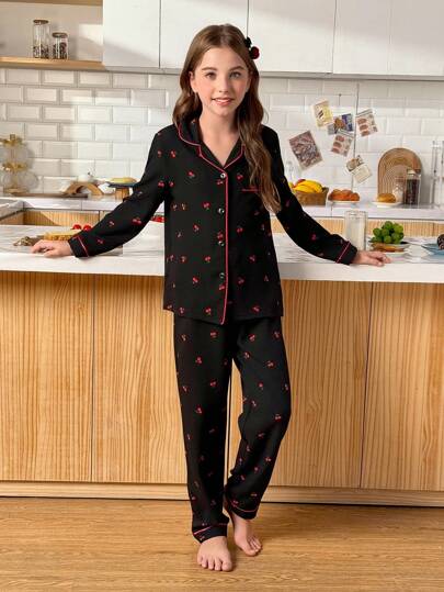 SHEIN Großmädchen Set aus Kirschenmuster Bluse mit Ballonärmel und offenem Vorderteil