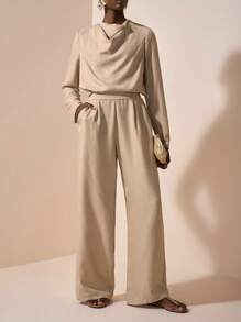 Zivah New Early Autumn Casual Elegant Daily Dating Commuting Party Intellectual Style Swing Collar High Collar Long Sleeve Loose Shirt + Straight Pants Jumpsuit Apricot Women's Two Pieces Suit-A - Apricot - View 3