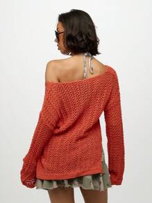 SUMWON WOMEN 钩针编织沙滩罩衫露肩长袖针织毛衣束腰外衣泳衣罩衫度假沙滩装套头衫 - 棕色 - 查看 2