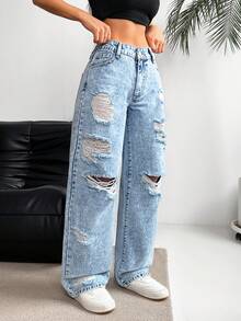 SHEIN EZwear 大码休闲水洗做旧直筒牛仔裤 - 藍色 - 查看 6