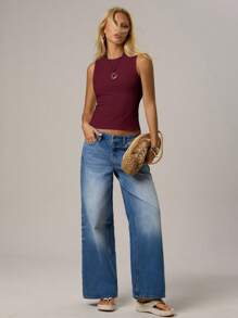 SHEIN Forever 21 Spring & Summer Women Tank Top, For Valentine Day/ Casual/Vintage/Festival/Country Concert/Brunch/Homecoming/Easter/Guest/Tea Party/Basic/Concert Women/Prom /Wedding/Rave Festival/Formal/Western/Cocktail/Club/Spring/Birthday/Cute/Classy/Going Out/Vacation/Office/Airport/2000s Style/Streetwear/Sleeveless Back Hollowed-Out Strap Red - Burgundy - View 4