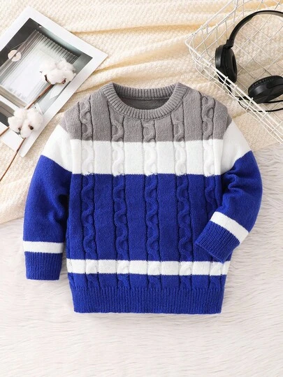 1pc Young Boy Casual Comfortable Fashion Minimalist Practical Versatile Twist Texture Color Block Crew Neck Sweater, Suitable For Boys Sweater, Sweater, School, Back To School, Boys, Daily Wear, Suitable For Autumn/Winter Season Fall
