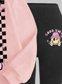 SHEIN Girlism 2 件套青少年女孩休闲长袖加厚运动衫和裤子套装，适合秋冬季 - 粉色 - 查看 4