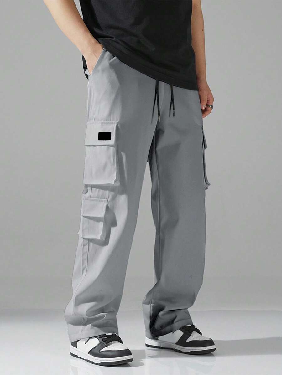 Manfinity Hypemode 男士秋季多口袋抽绳腰直筒休闲裤 - 淺灰色 - 查看 1