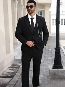 Manfinity Mode Conjunto de chaqueta y pantalón de traje de negocios de talla grande con solapa única para hombre - Negro - Ver 1