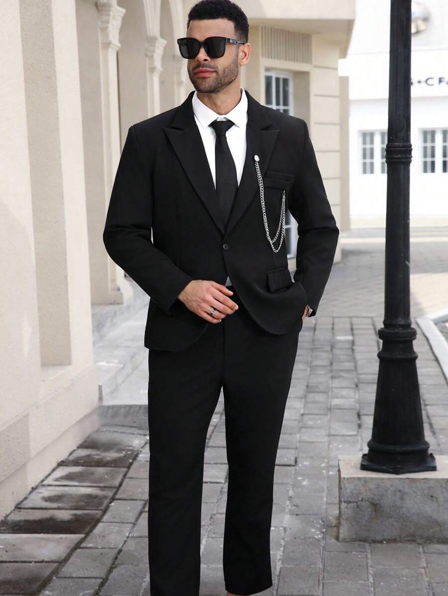 Manfinity Mode Conjunto de chaqueta y pantalón de traje de negocios de talla grande con solapa única para hombre - Negro - Ver 1