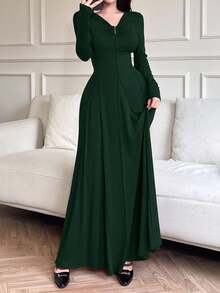 Feyla Đầm xòe xếp ly cổ chữ V tay dài thanh lịch cho nữ - Màu xanh lá cây đậm - Xem 6