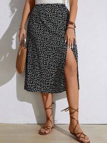 SHEIN PETITE Plus Size Ditsy Floral Slit Hem Elegant Skirt - Multicolor - View 5