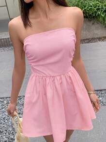 INAWLY 1pc Women Solid Color Ruched Hem Mini Dress With Frill Hem - Pink - View 4