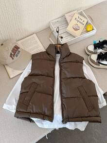 SHEIN Tween Girls' All-Match Black Quilted Padded Vest, Comfortable & Versatile,In Fall/Winter - Black - View 6