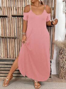 EMERY ROSE Plus Size Off-Shoulder Short Sleeve Slit Side Pockets Maxi Dress, Casual Summer Dress, Black Dress, Summer Women Outfit, Maxi Dress - Pink - View 4