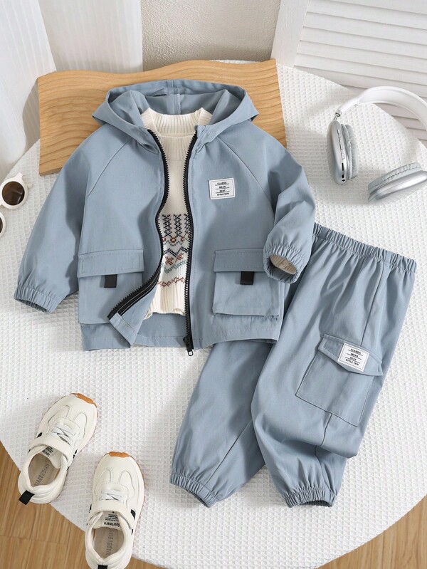 SHEIN 2 pièces Ensemble bébé garçon veste bleue polyvalente mignonne avec capuche et pantalon à taille élastique pour l'automne/l'hiver, vêtements d'hiver pour bébé garçon