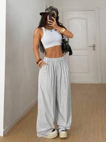 SHEIN EZwear 女士休闲纯色阔腿裤 - 白色 - 查看 4
