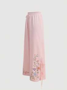 SHEIN MOD Pantalones de pierna ancha con lazo floral rosa para mujer, ideales para verano, vacaciones y playa con estilo vintage - Rosa - Ver 3