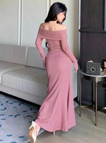 DAZY 2pcs Women Set, Casual Off Shoulder Top T-Shirt & Fishtail Skirt, Fitted And Sexy, Suitable For Spring/Summer, Autumn,Fall Women Clothes - Coral Pink - View 3