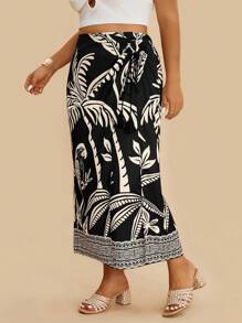 Travachic Falda para mujer talla grande de dos tonos con estampado geométrico y floral estilo bohemio y casual de vacaciones con flecos y nudo, otoño