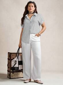 Zelara Plus Striped Print Button Front Shirt, Summer - Black and White - View 6