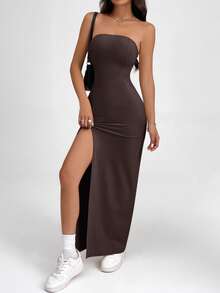 SHEIN PETITE Women Solid Color Strapless Split Thigh Bodycon Dress Brown Strapless Dress High Slit Maxi Dress - Brown - View 5